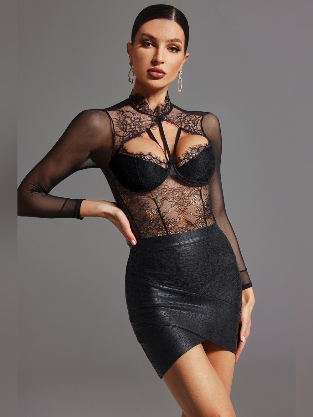 Bella Barnett Hatsie Lace Long Sleeve Bodysuit Jumpsuit Black NWT